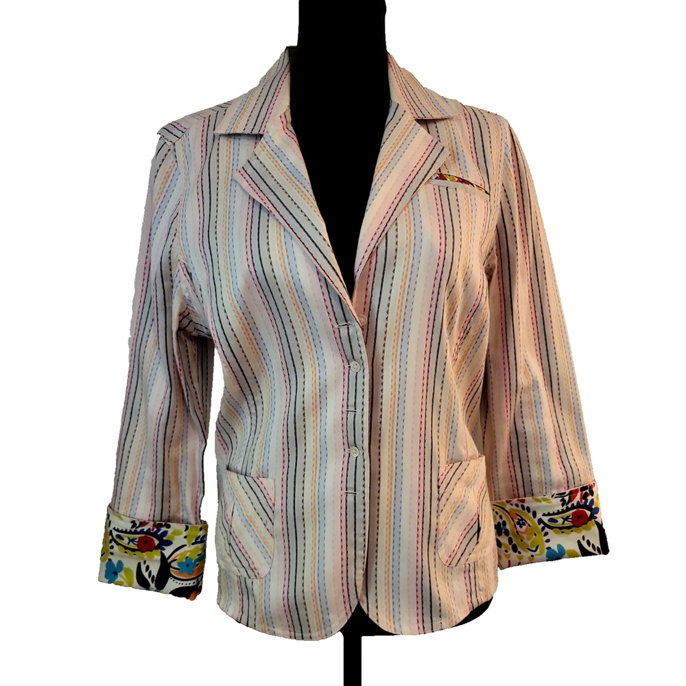 Robert Graham Women's Multicolor Striped Floral Unlined Summer Blazer Size 8